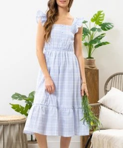 She She Boutique Plaid Ruffle Sleeve Dress - Blue OR Dusty Pink