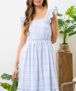 She She Boutique Plaid Ruffle Sleeve Dress - Blue OR Dusty Pink
