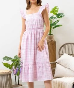 She She Boutique Plaid Ruffle Sleeve Dress - Blue OR Dusty Pink