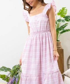 She She Boutique Plaid Ruffle Sleeve Dress - Blue OR Dusty Pink