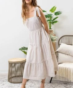 She She Boutique Striped Tiered Midi Dress - Khaki