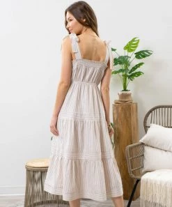 She She Boutique Striped Tiered Midi Dress - Khaki