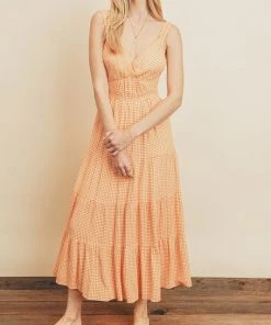 She She Boutique CLOTHING Gingham Tie-Back Dress - Mustard/Ivory