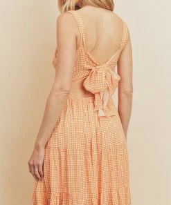 She She Boutique CLOTHING Gingham Tie-Back Dress - Mustard/Ivory