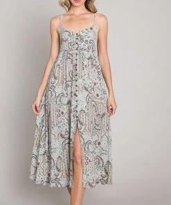 She She Boutique CLOTHING Paisley Print Midi Dress - Sage