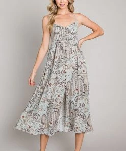 She She Boutique CLOTHING Paisley Print Midi Dress - Sage