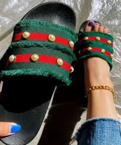 She She Boutique Tassel Pearl Slides - Green SHOES