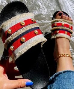 She She Boutique Tassel Pearl Slides- White SHOES