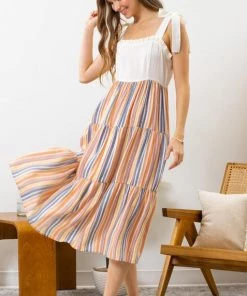 She She Boutique Striped Contrast Dress - Orange Multi