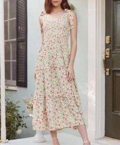 She She Boutique CLOTHING Floral Tiered Midi Dress - Cream Multi