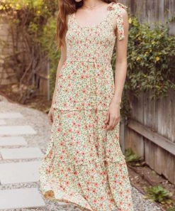 She She Boutique CLOTHING Floral Tiered Midi Dress - Cream Multi