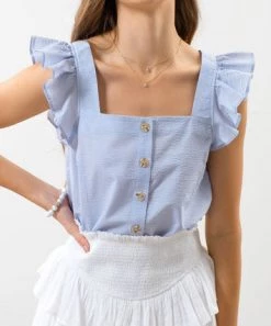 She She Boutique CLOTHING Button Down Top - Light Chambray OR White