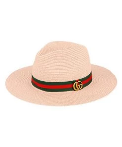 She She Boutique ACCESSORIES Straw Hat With Green/Red Band Accent - Blush