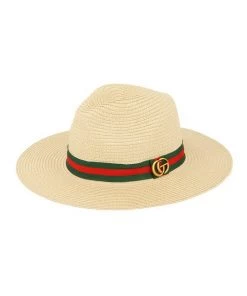 She She Boutique Straw Hat With Green/Red Band Accent - Beige
