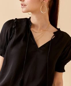She She Boutique Satin Smocked Top - Washed Black NEW ARRIVALS