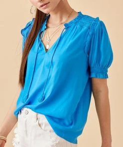 She She Boutique Satin Smocked Top - Azure OR Pink