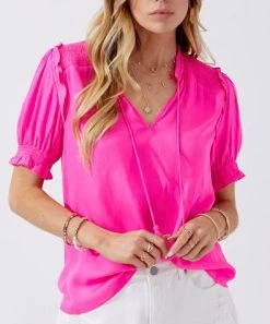 She She Boutique Satin Smocked Top - Azure OR Pink