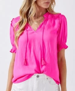 She She Boutique Satin Smocked Top - Azure OR Pink