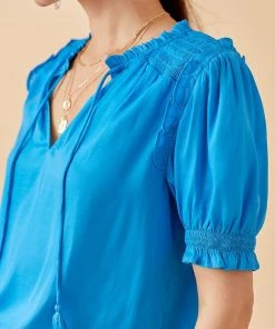 She She Boutique Satin Smocked Top - Azure OR Pink