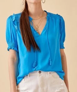 She She Boutique Satin Smocked Top - Azure OR Pink