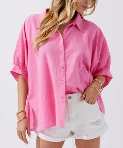She She Boutique Oversized Button Down Shirt - Bubble Gum