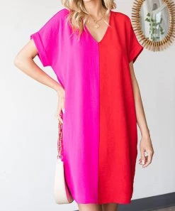 She She Boutique Color Block Dress - Red/Pink CLOTHING