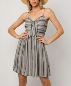 She She Boutique Front Tie Stripe Dress - Navy/Ivory