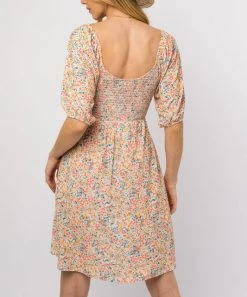 She She Boutique Smocked Mini Dress - Cream/Orange CLOTHING