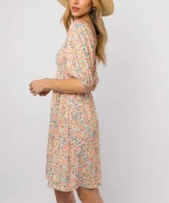 She She Boutique Smocked Mini Dress - Cream/Orange CLOTHING