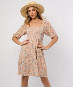 She She Boutique Smocked Mini Dress - Cream/Orange CLOTHING