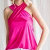 She She Boutique Satin Cross Neck Sleeveless Top - Hot Pink OR Black