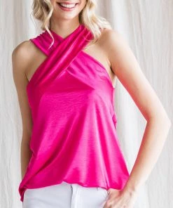 She She Boutique Satin Cross Neck Sleeveless Top - Hot Pink OR Black