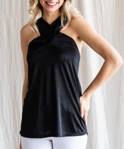 She She Boutique Satin Cross Neck Sleeveless Top - Hot Pink OR Black