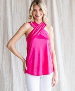 She She Boutique Satin Cross Neck Sleeveless Top - Hot Pink OR Black