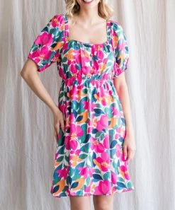 She She Boutique Floral Button Up Dress - Off White/Pink CLOTHING