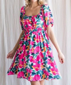 She She Boutique Floral Button Up Dress - Off White/Pink CLOTHING