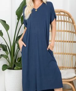 She She Boutique CLOTHING V-Neck Jersey Dress - Ink Blue OR Black