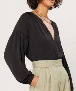 She She Boutique Split Neck Blouse - Black CLOTHING