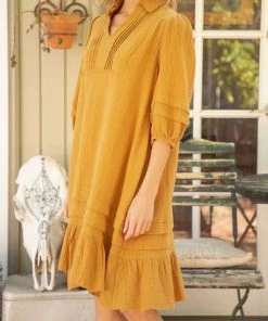 She She Boutique Raw Edge Gauze Dress - Navy OR Mustard NEW ARRIVALS