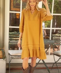 She She Boutique Raw Edge Gauze Dress - Navy OR Mustard NEW ARRIVALS