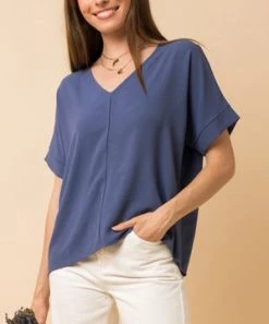 She She Boutique CLOTHING V-Neck Top - Denim Blue