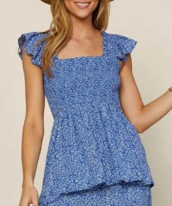 She She Boutique Floral Smocked Top - Blue/White CLOTHING