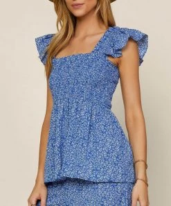 She She Boutique Floral Smocked Top - Blue/White CLOTHING