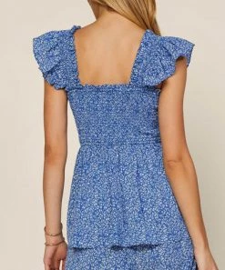 She She Boutique Floral Smocked Top - Blue/White CLOTHING