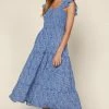 She She Boutique CLOTHING Floral Smocked Midi Dress - Blue/White 1 She She Boutique CLOTHING Floral Smocked Midi Dress - Blue/White