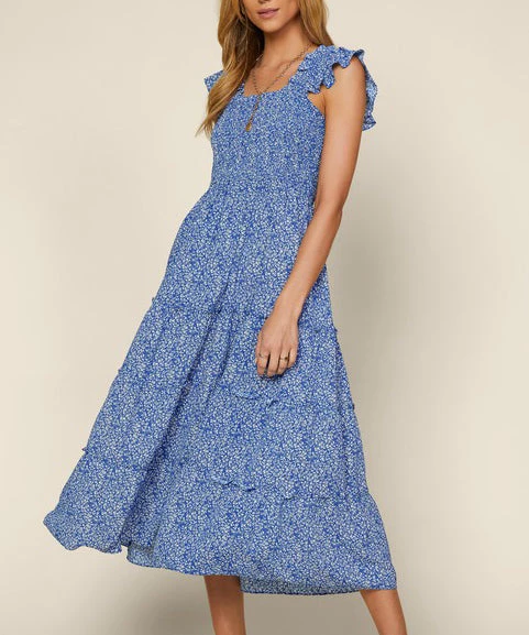 She She Boutique CLOTHING Floral Smocked Midi Dress - Blue/White 3 She She Boutique CLOTHING Floral Smocked Midi Dress - Blue/White