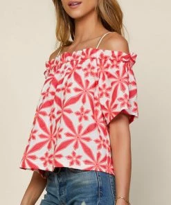 She She Boutique CLOTHING Off The Shoulder Embroidered Top - White/Green OR White/Pink