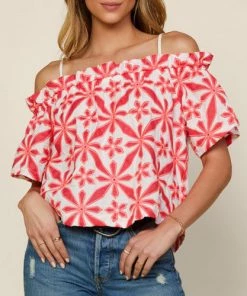 She She Boutique CLOTHING Off The Shoulder Embroidered Top - White/Green OR White/Pink