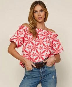 She She Boutique CLOTHING Off The Shoulder Embroidered Top - White/Green OR White/Pink