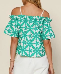 She She Boutique CLOTHING Off The Shoulder Embroidered Top - White/Green OR White/Pink